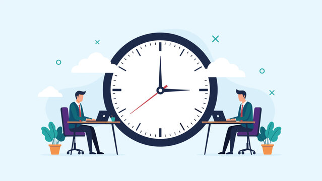 Two office employees working on laptops at desks situated on opposite sides of giant clock to represent time management and deadlines.