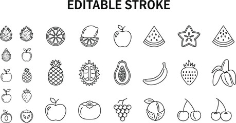 Editable stroke fruit line icon set with apple banana pineapple strawberry grape watermelon and fresh organic food outline symbols isolated on white background © MstLinaAkter