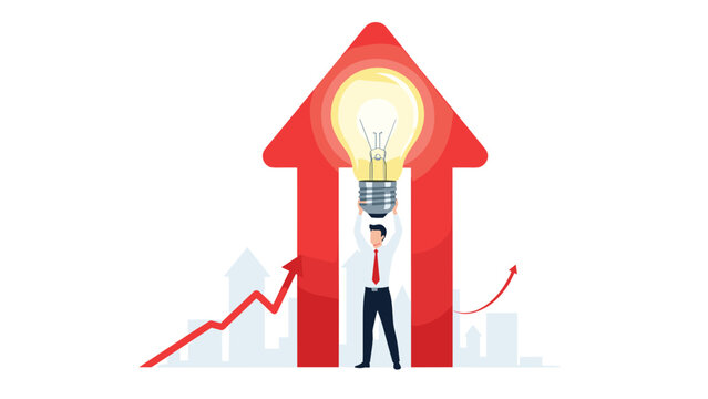 Ambitious professional holding a glowing lightbulb inside a massive red upward arrow signifying innovation and business development success.