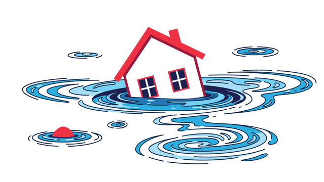 Small white house with a red roof sinking into a blue whirlpool of water representing financial crisis or property market crash.