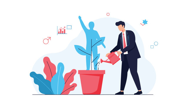 Businessman watering a plant growing into the silhouette of a successful person to illustrate self-development and career growth.