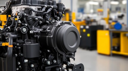Close-up of a black engine showcasing its intricate design and mechanics in a factory setting