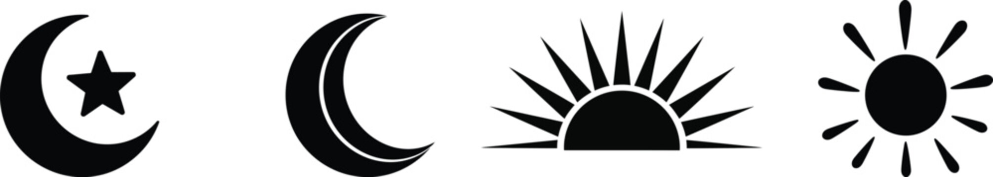 Islamic crescent moon and star symbols with sun