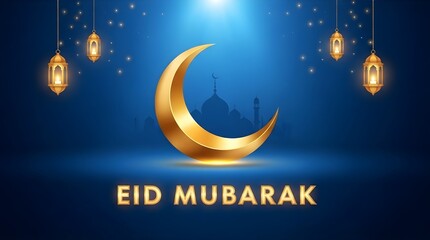 Golden 3d crescent moon and eid mubarak text digital illustration for islamic celebration