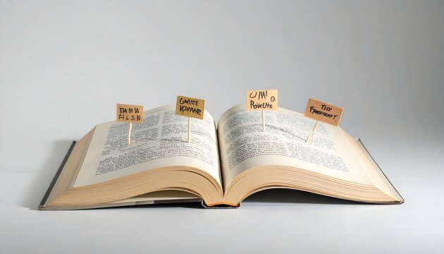 Conceptual photography showing a dictionary or literature book with miniature placards representing freedom of speech and political expression on neutral background
