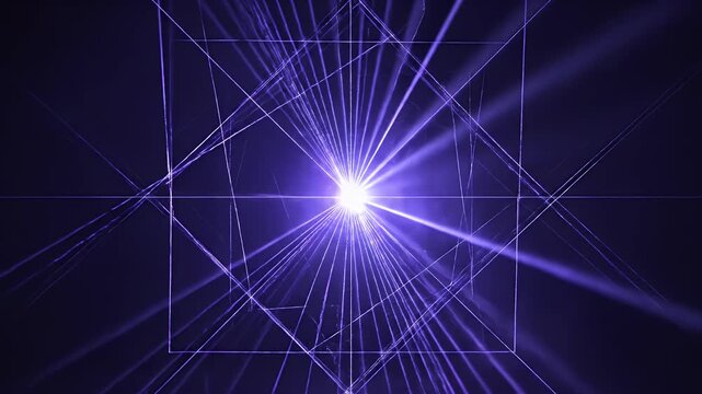 Bright purple light beams radiate from a central point, forming intersecting lines, against black