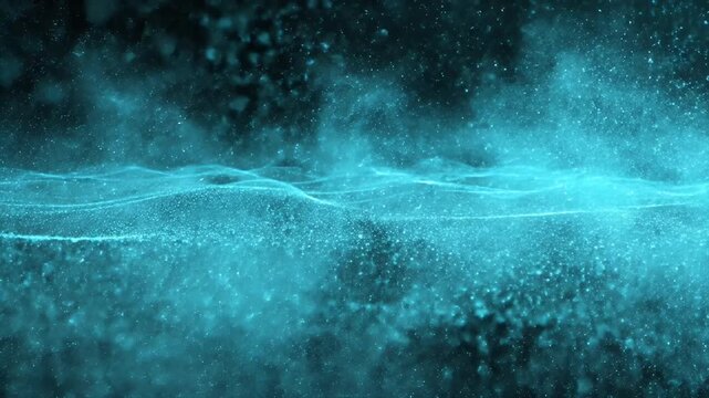 Abstract teal particles float in a dark space, resembling a glowing stream