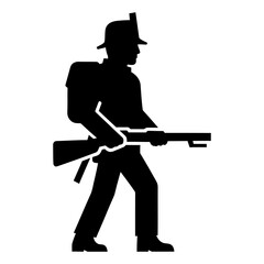 Obraz premium Soldier silhouette marching with rifle in historical military uniform black icon