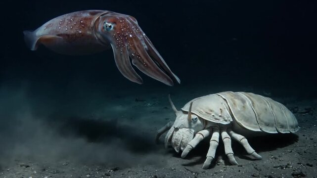 Deep Sea Squid and Giant Isopod Encounter