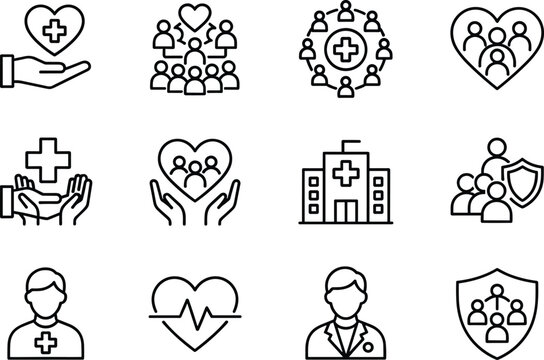 Healthcare and medical insurance line icons set with hospital protection patient support vector illustration collection
