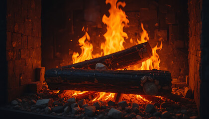 Warm and cozy fireplace with burning logs on a cold night