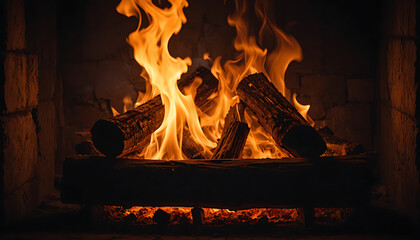 Cozy fireplace with burning logs on a cold winter night