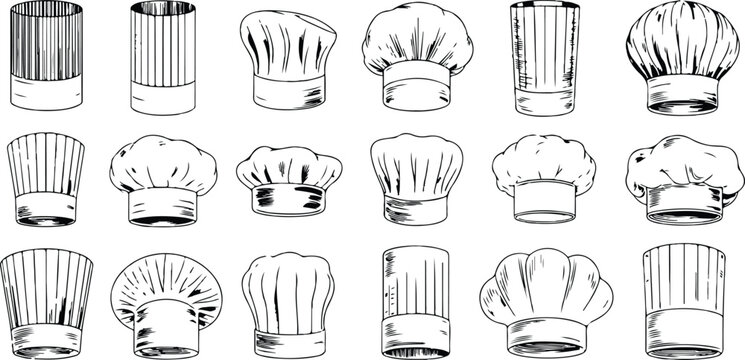 Chef hat collection vector set with hand-drawn line art cooking toques in multiple styles for restaurant bakery and culinary branding