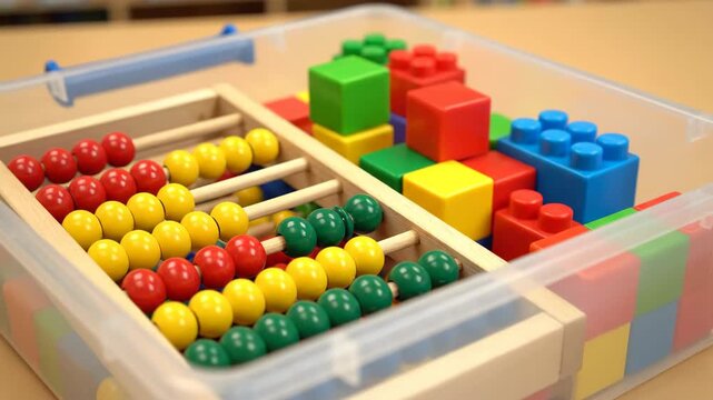 Close-up of abacus and colorful blocks in storage container for learning and education.