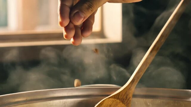 Cinematic Reveal of Saffron Rice in a Warm Kitchen Moment with Steam Billowing from a Heavy Pot in Soft Natural Lighting captured with cinematic realism