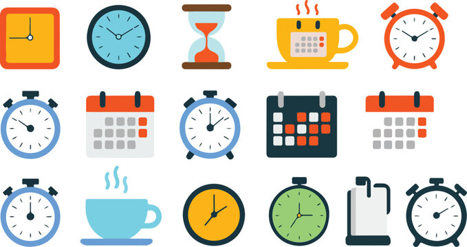 Comprehensive flat design vector icon set for time management featuring wall clocks alarm clocks stopwatches calendars and schedules