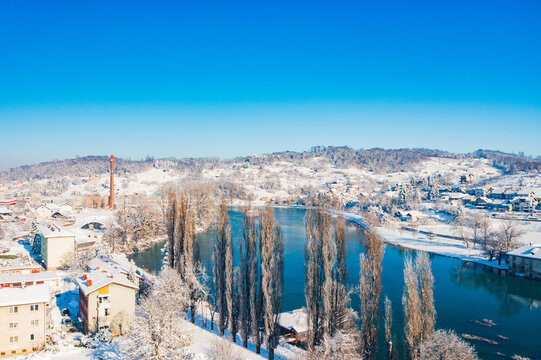 Panoramic view of town of Duga Resa in winter