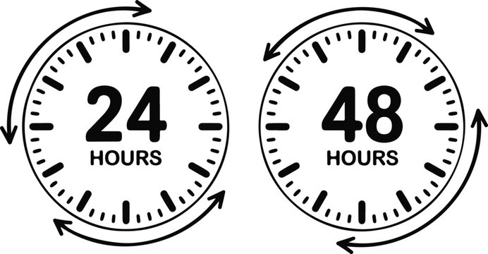 Delivery time clock icon set with 12, 24, 48, and 72 hours symbols representing shipping schedule, service duration, and business timing