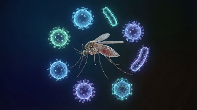 Mosquito vector transmitting glowing viruses and bacteria pathogens 3D illustration.