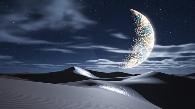 Luminous crescent moon over wind-swept dunes with decorative surface artwork