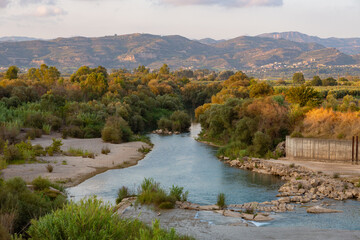 Fototapeta premium Alfios (Alfeios) river water dam near Alfiousa (Alfeiousa), Peloponnese, Greece