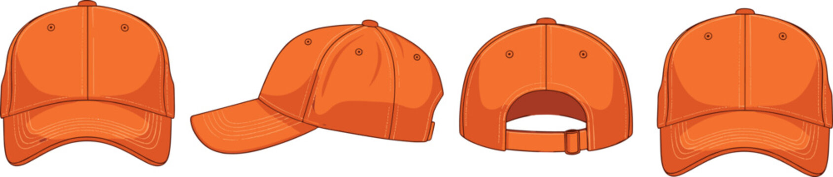 Orange Baseball Cap Mockup Set with Front Side Back and Curved Brim Views for Custom Sports Apparel Branding Vector Template.