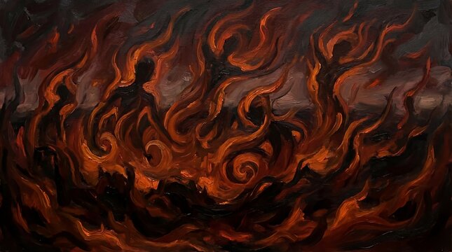 Dark abstract painting of swirling fiery inferno flames.