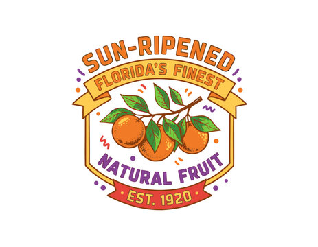 Orange fruit label design. Retro orange vector artwork. Floridas finest natural fruit. Perfect for packaging and branding. Fresh citrus fruit illustra