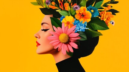 A vibrant profile of a woman adorned with colorful flowers against a bright yellow background