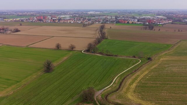 Aerial Farmland: An aerial perspective captures the intricate patterns of a patchwork farmland, with its vibrant green and brown fields, creating a scene of natural beauty and agricultural abundance.