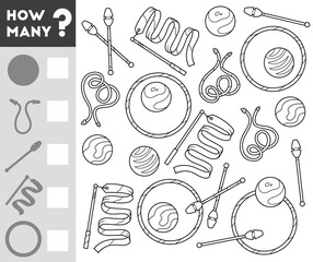 Naklejka premium Counting Game for Preschool Children. Educational mathematical game. Count how many Rhythmic gymnastics objects and write the result! Black and white worksheet for preschool learning and play.