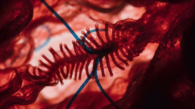 Close-up view of microplastic pollution in industrial waste, with a red, blurry background and blue lines, conveying a sense of environmental concern.