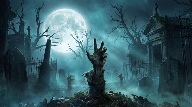 Zombie hand rising from the grave in a spooky cemetery at night.