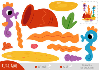 Cute seahorses on sea background. Paper craft in flat style. Educational cut and glue game. Use scissors and glue to create character. Worksheet for fine motor skills and classroom activities © ksenyasavva