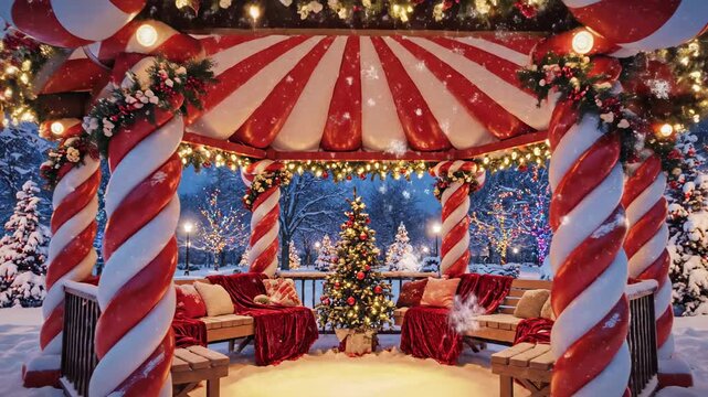 Festive Christmas Gazebo Decorated with Candy Canes and Lights.