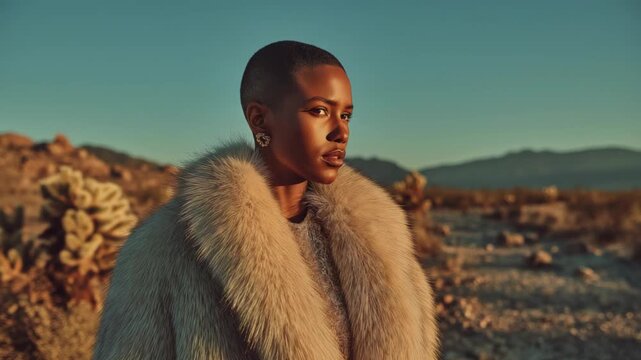 Elegant fashion model Black African woman wearing a fur collar coat standing in a desert under bright sunlight, capturing luxury style and dramatic natural landscape.
