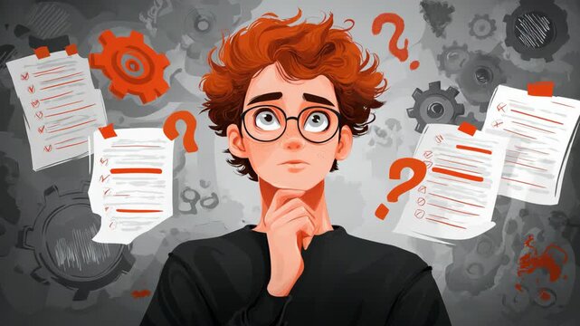 Cartoon style illustration of a businessman thinking with work documents and floating question marks around, symbolizing problem solving, uncertainty, and business decision making.
