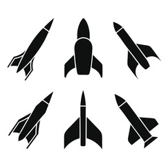 Five black rocket in different styles arranged in a circular pattern rockets space