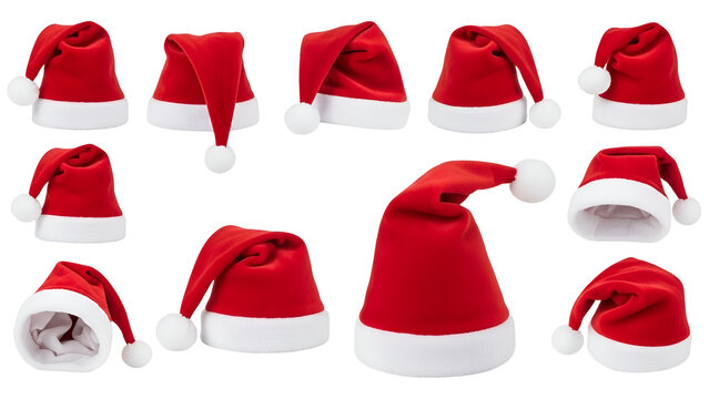 Various styles of santa hats and caps isolated on transparent background