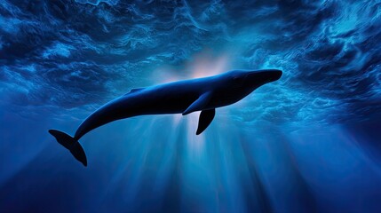 Obraz premium Majestic Whale Swimming Gracefully Beneath the Ocean Waves in Deep Blue Waters with Rays of Light Filtering Through Water Surface