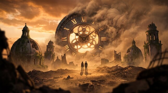 Couple Gazing at a Giant Celestial Clock in a Ruined Fantasy World.