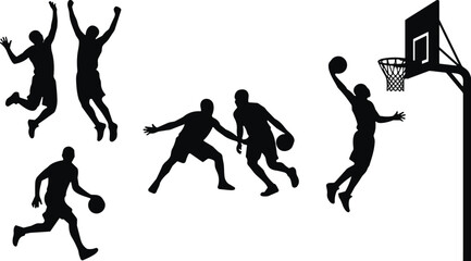 Black Silhouette Collection of Basketball Players, Athletes Dunking, Dribbling, and Jumping, Sport Game Icons Isolated on White Background for Graphic Design. © Empowerment angle 