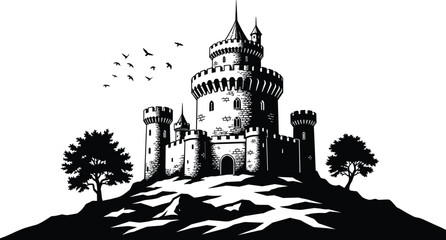 Castle, Silhouette, Medieval, Fortress, Tower, Kingdom, Fantasy, Architecture, Black, Vector, Illustration, Historic, Royal, Gothic, Isolated, Stronghold, Landmark, Heritage, Vintage, Design © Leza
