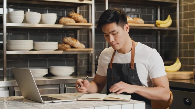 Baker Writing Notes, Using Laptop, In Bakery Kitchen.