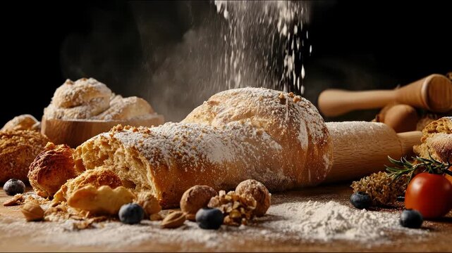 A close-up of bread and pastries, with flour falling, surrounded by ingredients