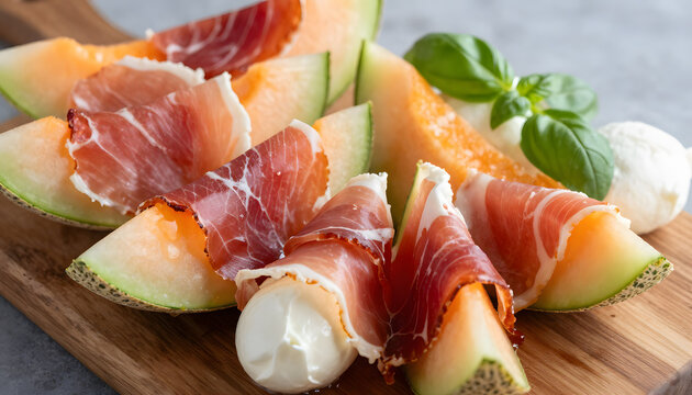 Sliced honeydew melon with prosciutto and mozzarella on a wooden board, close-up, fresh and elegant appetizer.