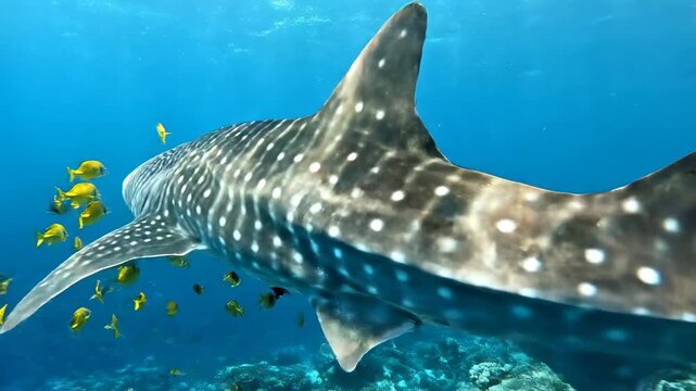 Amazing underwater view of a whale shark swimming with fish.