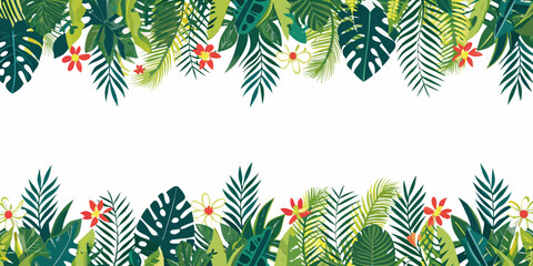 Tropical leaves and flowers create a vibrant border on white © Bivuti