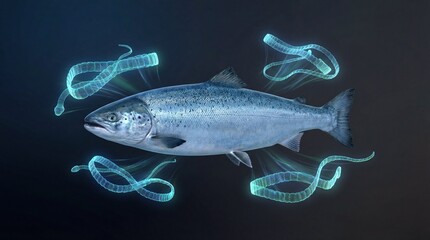 Naklejka premium Futuristic salmon fish surrounded by glowing blue digital light trails.