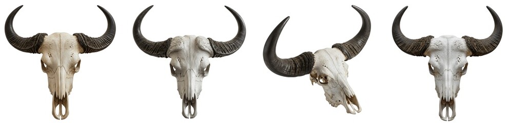 Weathered Buffalo Skull Models with Large Curved Horns Isolated on White Background PNG for Southwestern Decor and Macabre Illustration Design Set Bundle © ARSALAN